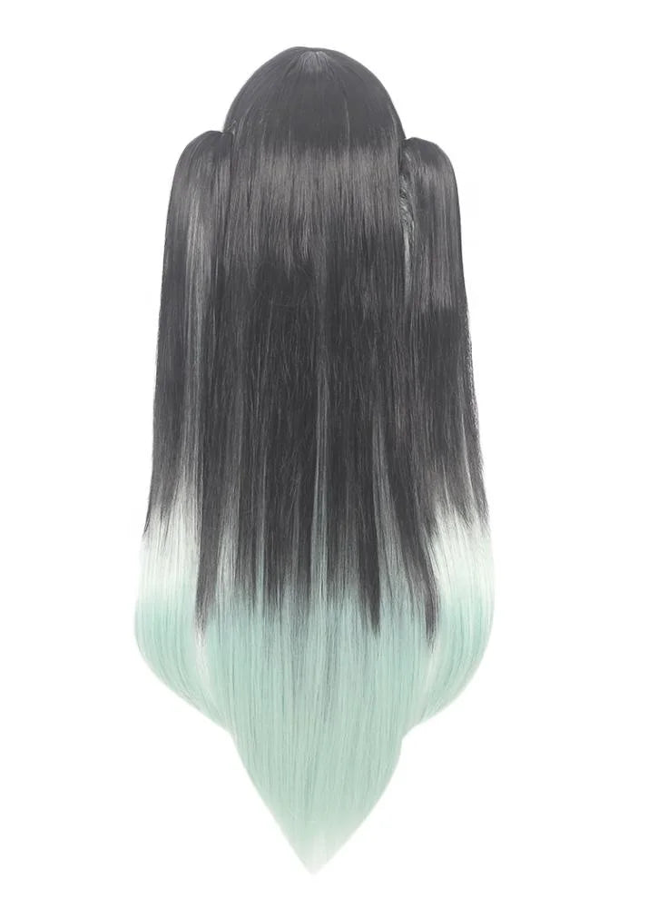 90cm Long Straight Black&Light Green Demon Slayer Anime Tokitou Muichirou Wig Synthetic Cosplay Wigs With 2Ponytails
