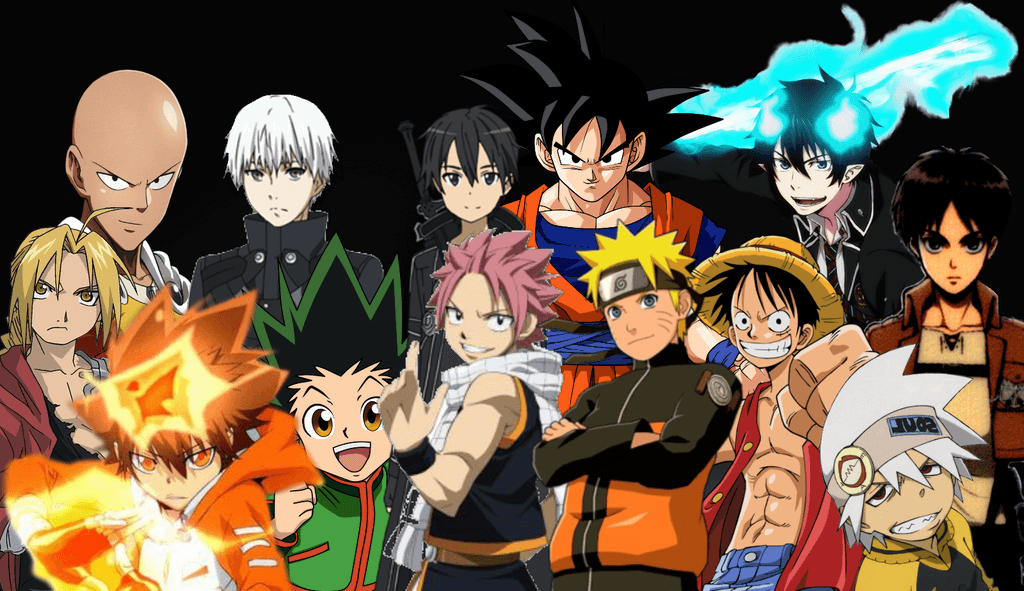 Group of animated characters from various anime series against a black background