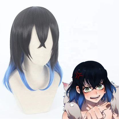 Wholesale 35cm Short Black Blue Mixed Demon Slayer Cosplay Hashibira Inosuke Wig Synthetic Anime Heat Resistant Hair