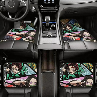 Demon Slayer Manga Anime Tanjiro Kamado Car Floor Mats Set of 4 Universal Non Slip Foot Mats Carpet Rugs Auto Interior Protector