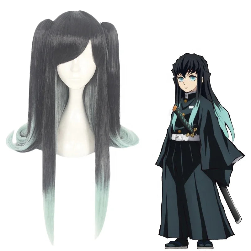 90cm Long Straight Black&Light Green Demon Slayer Anime Tokitou Muichirou Wig Synthetic Cosplay Wigs With 2Ponytails