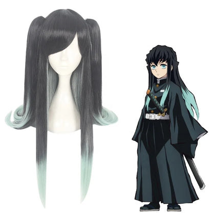 90cm Long Straight Black&Light Green Demon Slayer Anime Tokitou Muichirou Wig Synthetic Cosplay Wigs With 2Ponytails