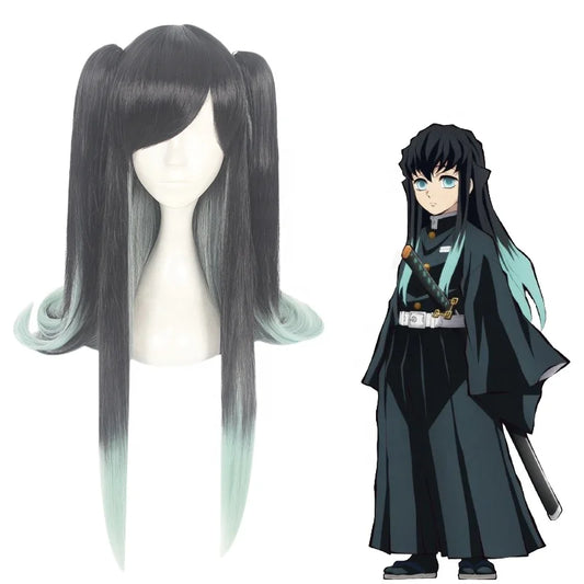 90cm Long Straight Black&Light Green Demon Slayer Anime Tokitou Muichirou Wig Synthetic Cosplay Wigs With 2Ponytails