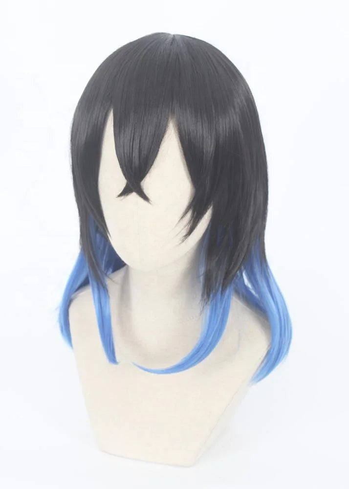 Wholesale 35cm Short Black Blue Mixed Demon Slayer Cosplay Hashibira Inosuke Wig Synthetic Anime Heat Resistant Hair