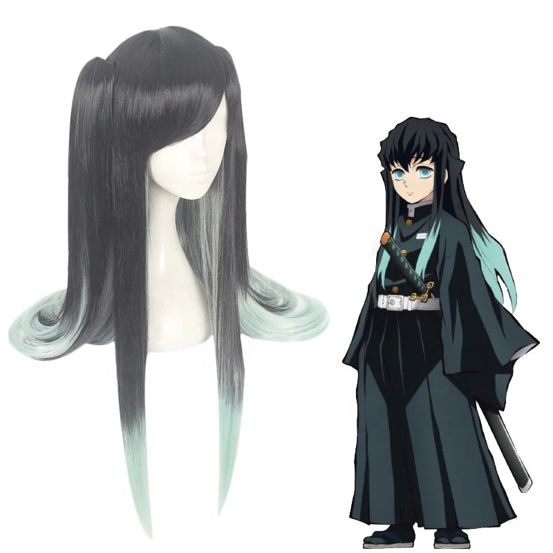 90cm Long Straight Black&Light Green Demon Slayer Anime Tokitou Muichirou Wig Synthetic Cosplay Wigs With 2Ponytails