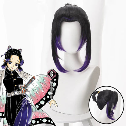 Demon Slayer Wig 35cm Short Black Purple Mixed Kochou Shinobu Peluca Synthetic Anime Halloween Party Cosplay Wig