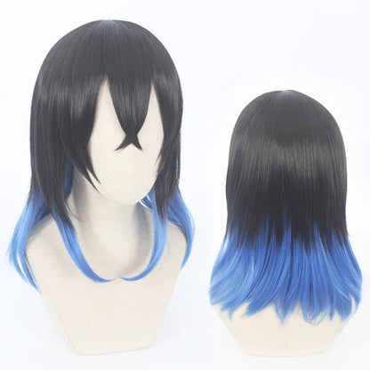 Wholesale 35cm Short Black Blue Mixed Demon Slayer Cosplay Hashibira Inosuke Wig Synthetic Anime Heat Resistant Hair