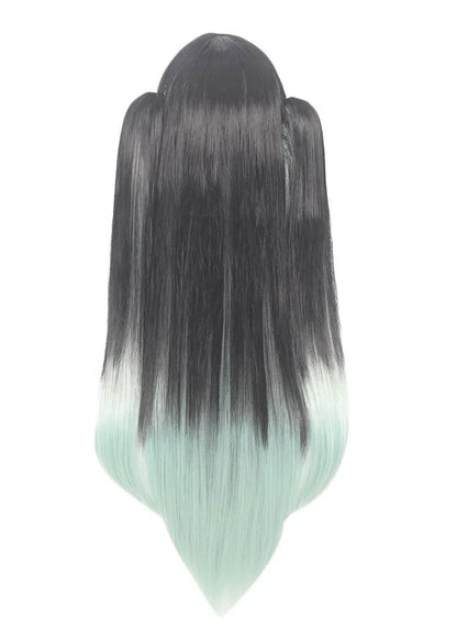 90cm Long Straight Black&Light Green Demon Slayer Anime Tokitou Muichirou Wig Synthetic Cosplay Wigs With 2Ponytails