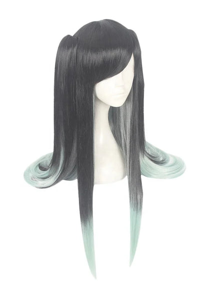 90cm Long Straight Black&Light Green Demon Slayer Anime Tokitou Muichirou Wig Synthetic Cosplay Wigs With 2Ponytails