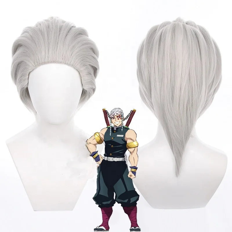 Wholesale Demon Slayer Cosplay 35cm Short Silver Uzui Tengen Wig Synthetic Anime Heat Resistant Cosplay Ponytail Peluca