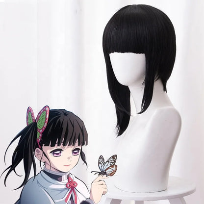 Wholesale 40cm Short Demon Slayer Peluca Tsuyuri Kanawo Wig Cosplay Black Synthetic Anime Hair Wigs With One Ponytail