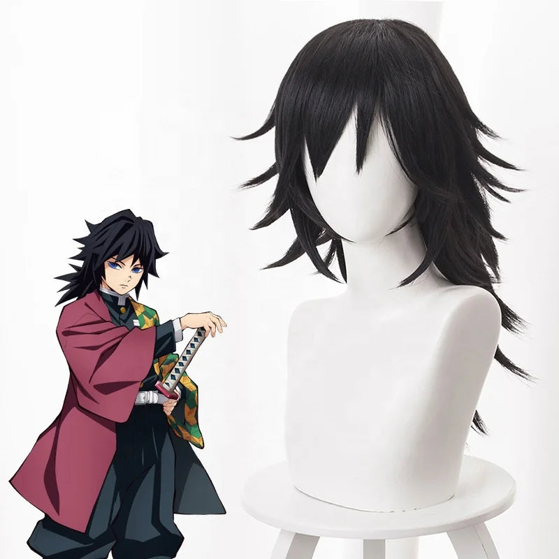 Wholesale 55cm Long Black Demon Slayer Tomioka Giyuu Wig Cosplay Synthetic Anime Hair Wigs With One Ponytail