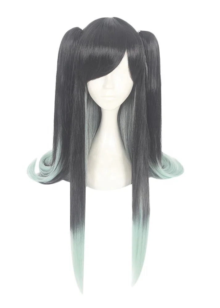 90cm Long Straight Black&Light Green Demon Slayer Anime Tokitou Muichirou Wig Synthetic Cosplay Wigs With 2Ponytails