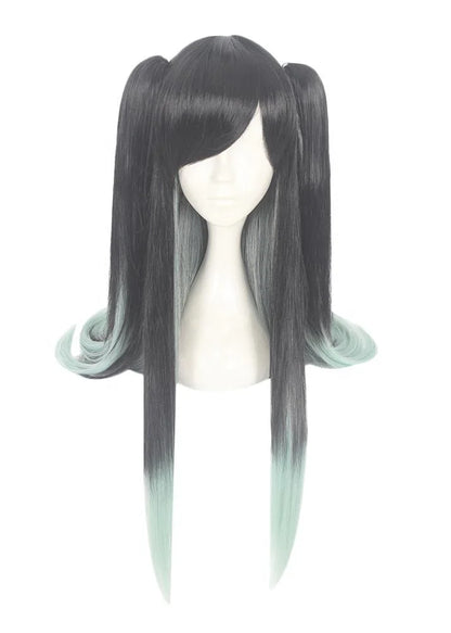 90cm Long Straight Black&Light Green Demon Slayer Anime Tokitou Muichirou Wig Synthetic Cosplay Wigs With 2Ponytails