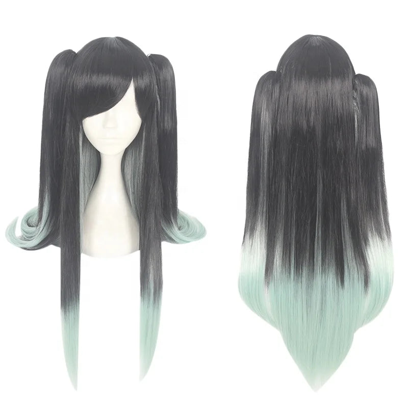 90cm Long Straight Black&Light Green Demon Slayer Anime Tokitou Muichirou Wig Synthetic Cosplay Wigs With 2Ponytails