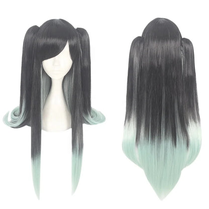 90cm Long Straight Black&Light Green Demon Slayer Anime Tokitou Muichirou Wig Synthetic Cosplay Wigs With 2Ponytails