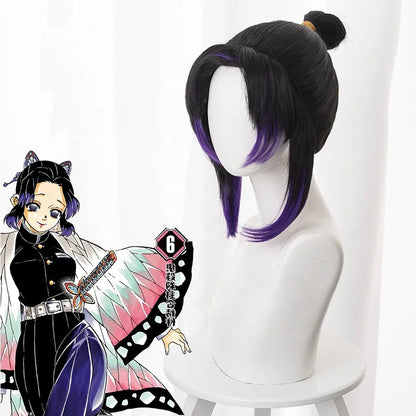 Demon Slayer Wig 35cm Short Black Purple Mixed Kochou Shinobu Peluca Synthetic Anime Halloween Party Cosplay Wig
