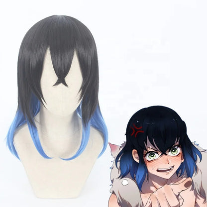 Wholesale 35cm Short Black Blue Mixed Demon Slayer Cosplay Hashibira Inosuke Wig Synthetic Anime Heat Resistant Hair