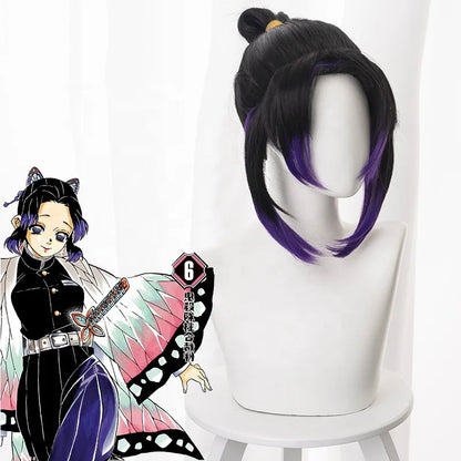 Demon Slayer Wig 35cm Short Black Purple Mixed Kochou Shinobu Peluca Synthetic Anime Halloween Party Cosplay Wig