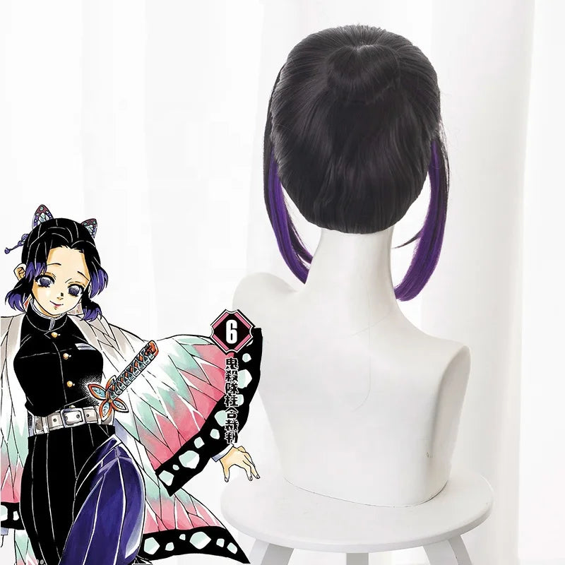 Demon Slayer Wig 35cm Short Black Purple Mixed Kochou Shinobu Peluca Synthetic Anime Halloween Party Cosplay Wig