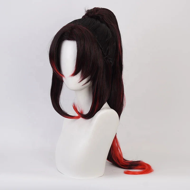 Wholesale 80cm Long Black Red Mixed Demon Slayer Kokushibo Wig Cosplay Synthetic Anime Costume Wig With One Ponytail