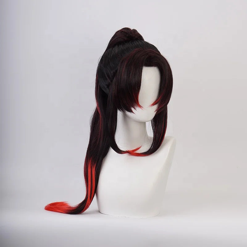 Wholesale 80cm Long Black Red Mixed Demon Slayer Kokushibo Wig Cosplay Synthetic Anime Costume Wig With One Ponytail