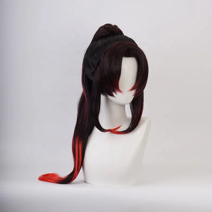 Wholesale 80cm Long Black Red Mixed Demon Slayer Kokushibo Wig Cosplay Synthetic Anime Costume Wig With One Ponytail