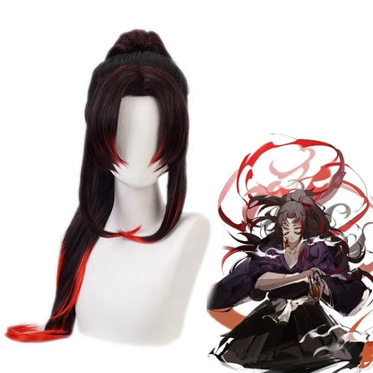 Wholesale 80cm Long Black Red Mixed Demon Slayer Kokushibo Wig Cosplay Synthetic Anime Costume Wig With One Ponytail